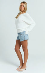 Camille Shorts - Low Rise Recycled Denim Distressed Mini Shorts in Light Blue Wash