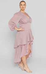 Claudita Midi Dress - Long Sleeve High Low Hem Dress in Dusty Rose