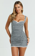 Becker Mini Dress - Strappy Bustier Ruched Bodycon Dress in Black Gingham