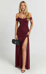 Lilliana Maxi Dress - Glitter Tulle Off Shoulder Tie Front Ruched High Split Dress in Wine