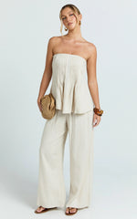 Carli Two Piece Top and Pants Set - Cotton Tube Pant Set in Beige