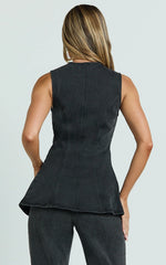 Rhianna Top - Button Down Longline Recycled Denim Vest Top in Black