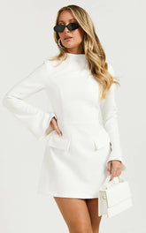 Carlson Mini Dress - High Neck Sleeve Cocoon Skirt Dress in White