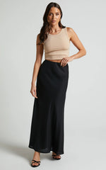 Collins Midi Skirt - Linen Look High Waisted Linen Look Bias Slip Skirt in Black