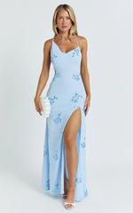 Aurora Maxi Dress - Floral Sequin Cowl Neck Dress in Baby Blue
