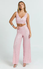 Abela Two Piece Set - Crop Top and Wide Leg Pants Set in Pink Sequin