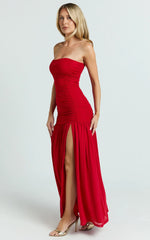 Cardi Maxi Dress - Ruched Mesh High Leg Split Dress in Red