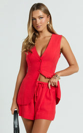 Olivia Shorts - Drawstring Relaxed Linen Shorts in Red