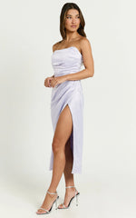 Primrose Midi Dress - Satin Strapless Draped Wrap Skirt Dress in Lilac