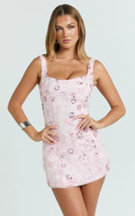 Bec Mini Dress - Embroidered Floral Sequin Corset Panel Dress in Pink