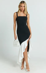 Cera Maxi Dress - Asymmetrical Contrast Frill Hem Dress in Black & White