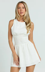 Fhelley Mini Dress - Shirred Waist Dress in White