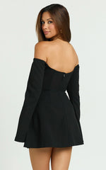 Nettie Mini Dress - Off Shoulder Longsleeve Fit and Flare Dress in Black