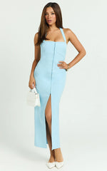 Emkate Midi Dress - Straight Neck Halter Neck Fitted Hook And Eye Front Dress in Blue