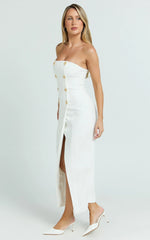 Carson Midi Dress - Strapless Double Breasted Wrap Fitted Dress in Off White