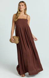 Cloe Midi Dress - Pleated Detail Dress in Chocolate