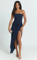 Daniella Maxi Dress - Strapless Corset Draped Asymmetrical Dress in Navy