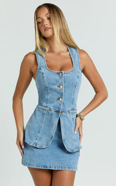 Raquel Top - Denim Scoop Neck Button Down Vest in Mid Blue Wash