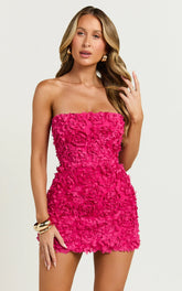 Cassia Mini Dress - Strapless 3D Floral Lace Up Back Dress in Pink