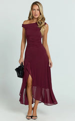 Judee Midi Dress - One Shoulder High Side Split Dress in Wine