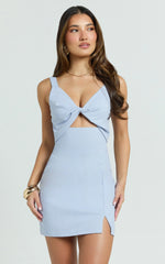 Finnley Mini Dress - Linen Twist Front Cut Out Dress in Baby Blue