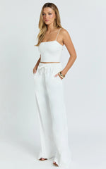 Nicole Pants - High Waist Elasticated Gathered Waist Wide Leg Pants in White
