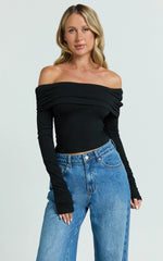 Jolie Top - Off Shoulder Long Sleeve Gathered Top in Black