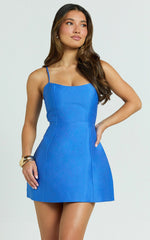 Carolina Mini Dress - Scoop Neck Panel Bodice Dress in Blue