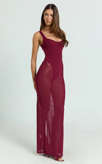 Laney Maxi Dress - Mesh Sweetheart Neck Bodycon Dress in Wine