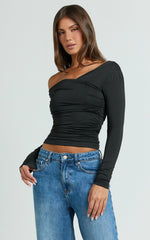 Cate Top - Long Sleeve Asymmetrical Neckline Top in Black