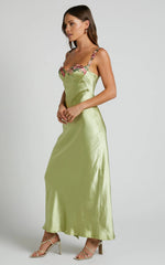 Harmony Midi Dress - Floral Detail Cup Bust Satin Dress in Citrus