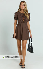 Hattie Mini Dress - Tie Front Puff Sleeve Dress in Chocolate