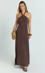 Hilda Maxi Dress - Knot Detail Halter Neck Maxi Dress in Chocolate
