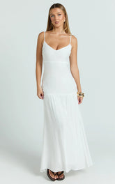Collins Maxi Dress - V Neck Dropped Waist Gathered Maxi Dress in Off White