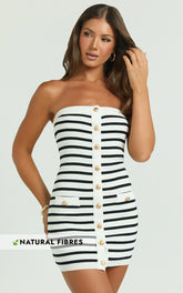 Amber Mini Dress - Strapless Knit Stripe Bodycon Dress in White/Black