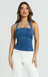 Nicky Top - Denim Hardware Buckle Halter Neck Top in Dark Blue Wash
