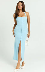 Emkate Midi Dress - Straight Neck Halter Neck Fitted Hook And Eye Front Dress in Blue