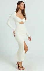 Delaney Midi Dress - Long Sleeve Twist Front Bodycon Dress in Cream