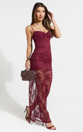 Felicia Maxi Dress - Sweetheart Neck Lace Bodycon Dress in Red