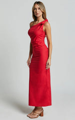 Cincinnati Midi Dress - Off The Shoulder Side Split Column Linen Dress in Red