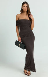 Caterina Maxi - Ruched Off Shoulder Mesh Dress in Chocolate