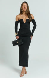 Isabelle Maxi Dress - Ruche Front Deep U Off Shoulder Fitted Dress in Black