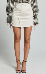 Pieta Mini Skirt - Recycled Cotton Raw Hem Denim Skirt in Ecru