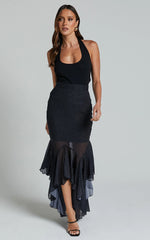 Artemisia Maxi Skirt - Frill Detail Sheer High Low Skirt in Black Polka
