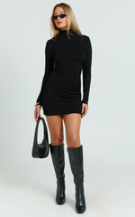 Carla Mini Dress - Rolled High Neck Bodycon Dress in Black