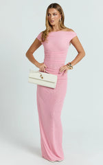 Harrison Maxi Dress - Off Shoulder Ruche Wide Waistband Long Skirt Mesh Dress in Pink