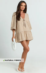 Nour Mini Dress - High Neck Tie Front Drop Waist Gathered Skirt Dress in Caramel/White Gingham