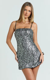 Lily Mini Dress - Sequin Square Neck Shift Dress in Black