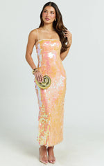 Casey Midi Dress - Square Neck Sequin Bodycon Dress in Peach