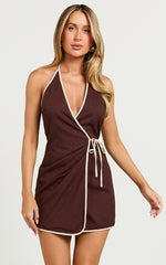 Connie Mini Dress - Linen Halter Neck Wrap Dress in Chocolate